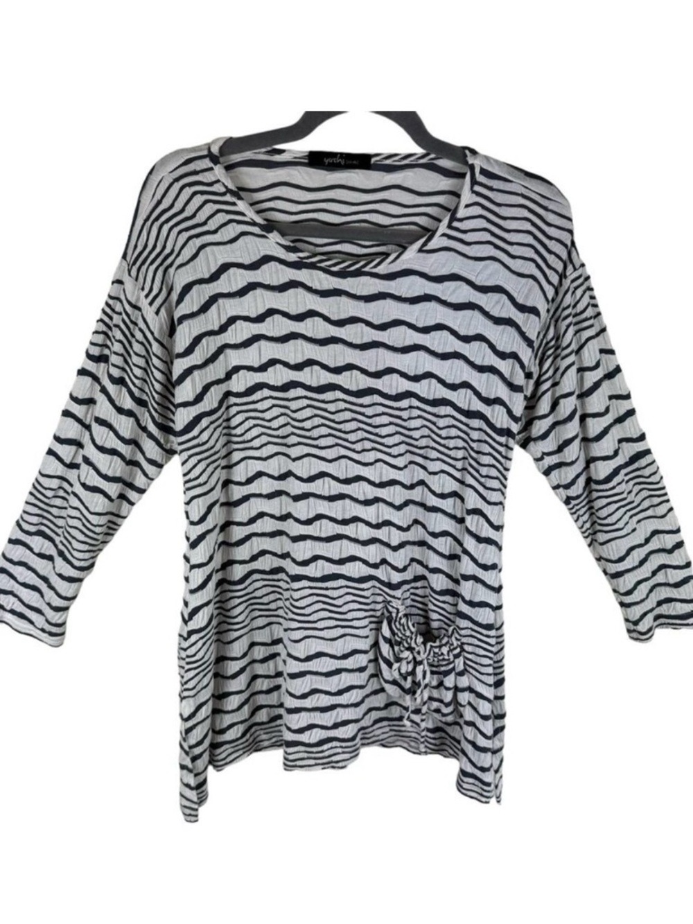 Yushi‎ Dark Gray White Striped Round Neck 3/4 Sleeve Gauze Blouse Size XL